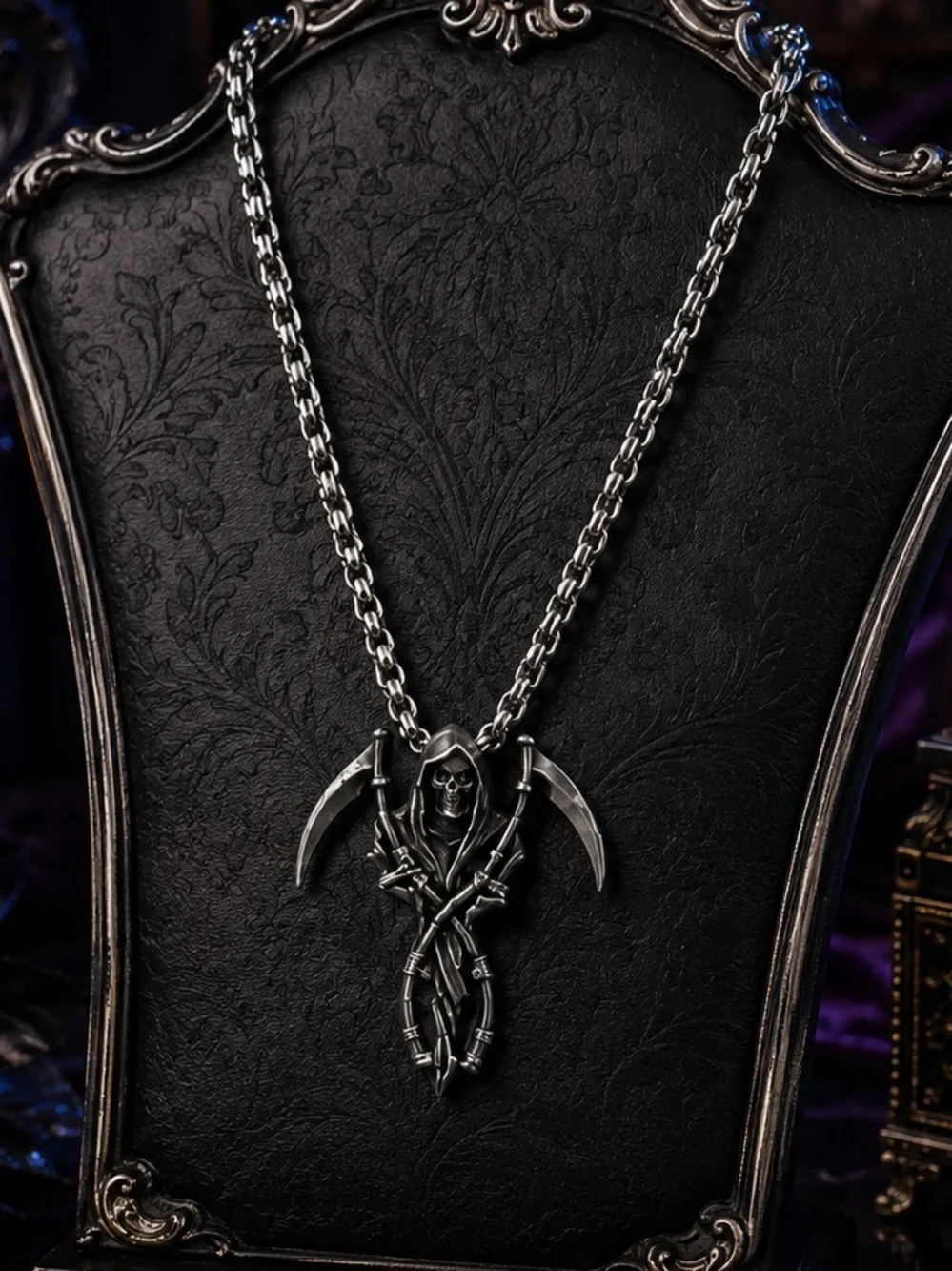 Men's Gothic Reaper Stainless Steel Necklace in Silver New